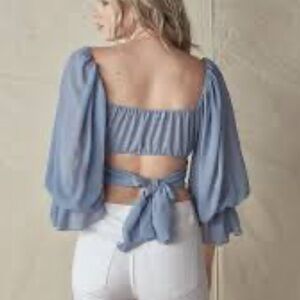 2Bella chiffon statement sleeve cropped blue tie back blouse size large